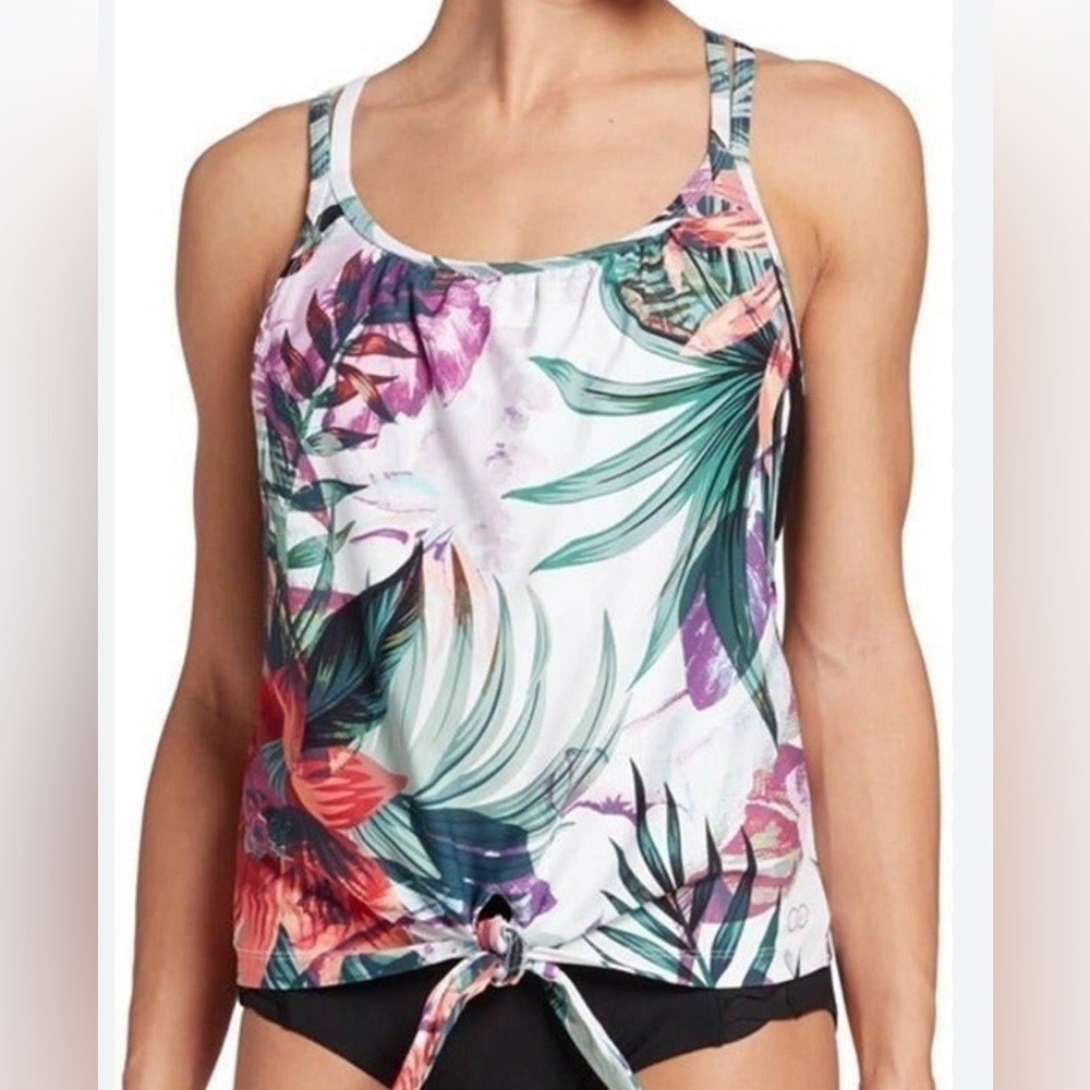 CALIA Tropical Print Scoop Neck Layered Tankini Top Built in Black Shelf Bra XS